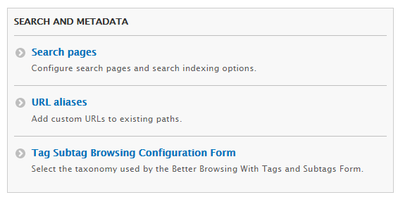 Tag Subtag Browsing Link in Search Config Menu